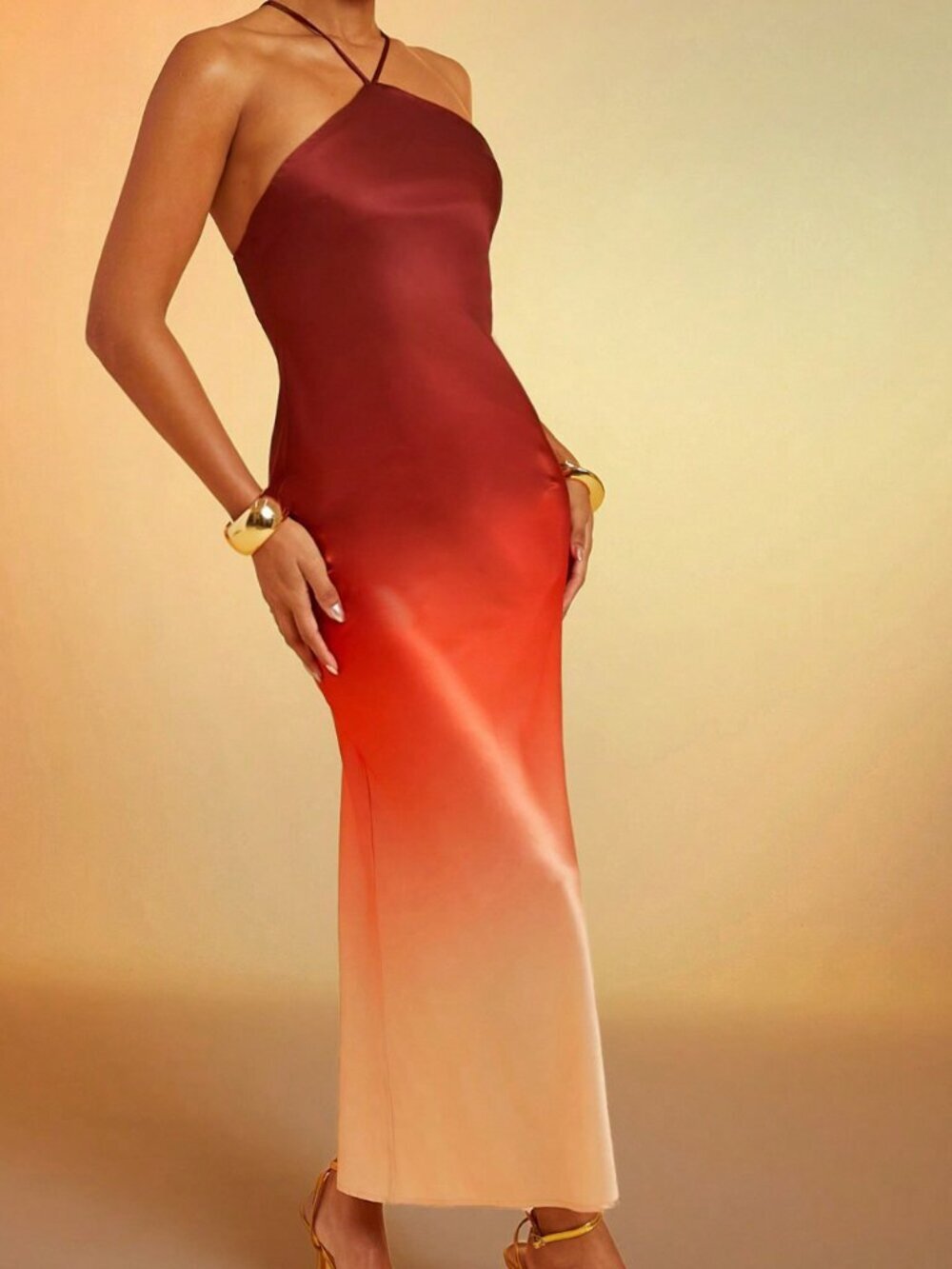 Multicolor Elegant Women's Ombre Satin Strappy Halter Backless Maxi Dress